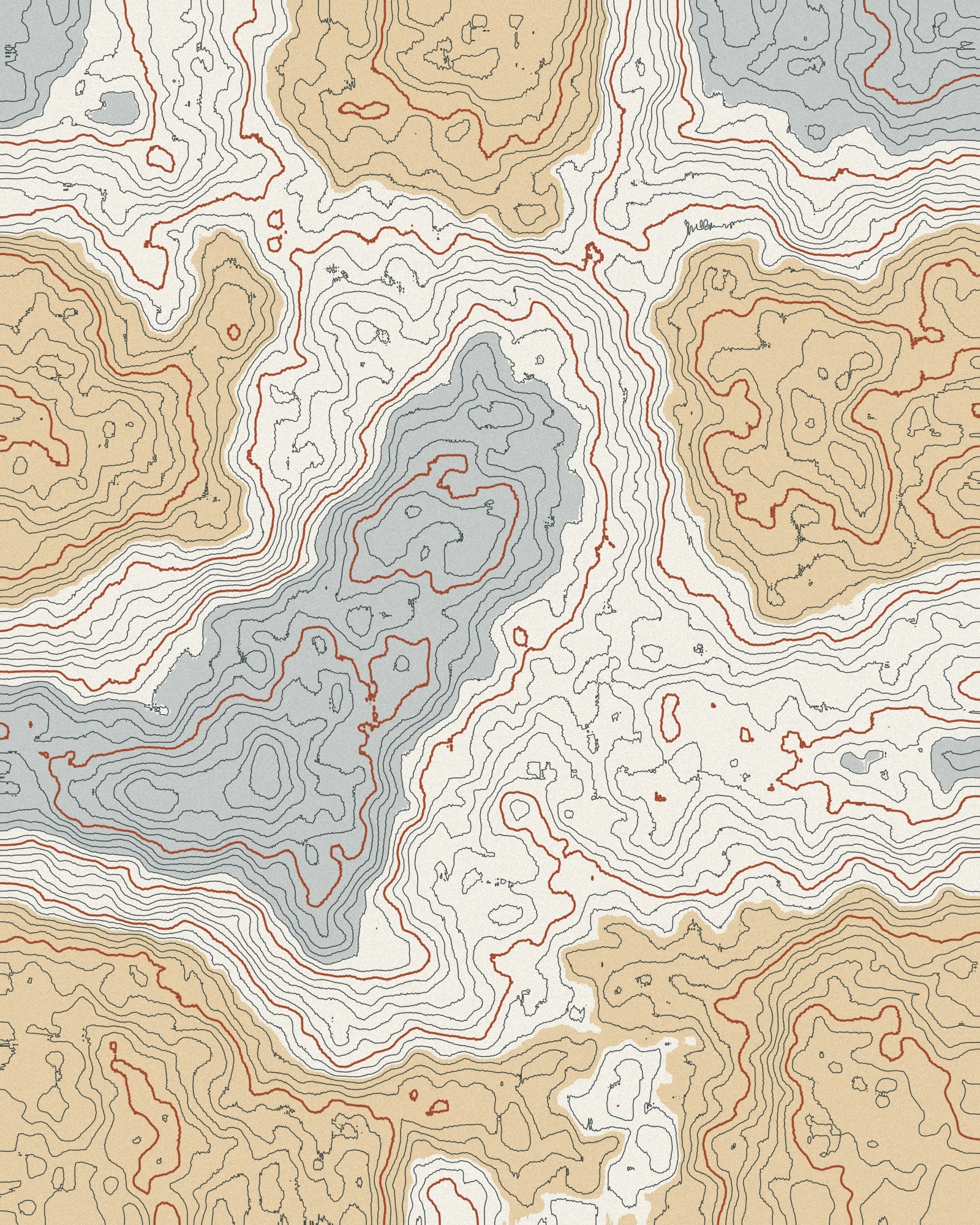 Contours I: a topographic map in ochre, grey and rust